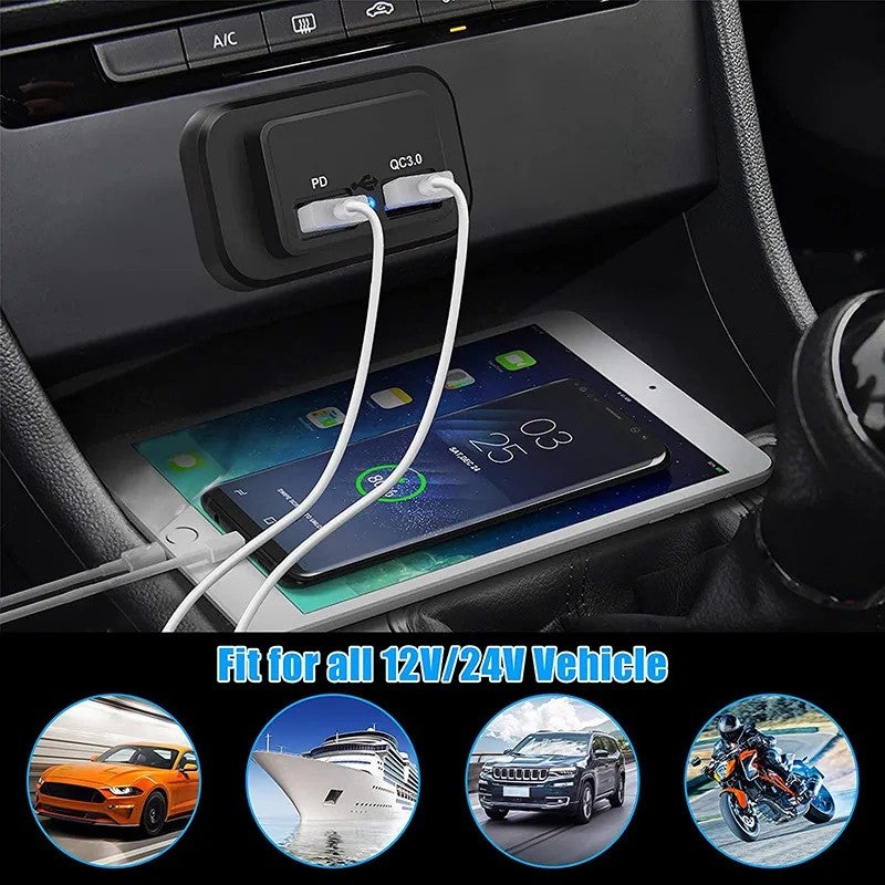 Y&D 12V/24V Dual USB-C Car Charger, 48W (18W QC3.0 + 30W PD3.0), Fast Charging Automobile Adapter, 3.1A Quick Charge Bus Socket, Industrial Use - Image 3